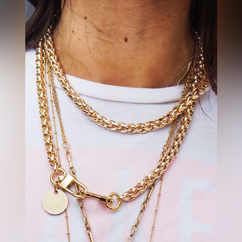 PC gold tone chain crossbody strap necklace multi use shown with Clare V